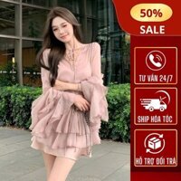 Đầm voan tay dài xếp tầng MELI phong cách tiểu thư bánh bèo sang trọng [v414]