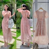 Đầm voan tơ babydoll tay ngắn hở/khoét/cut lưng hồng cam, váy dài tiểu thư dễ thương nhẹ nhàng đi chơi du lịch dạo phố