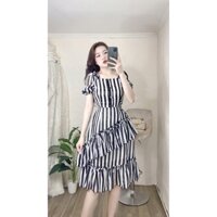 Đầm voan tơ kẻ đuôi cá cổ vuông mặc được trễ vai.