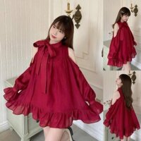 Đầm Voan tơ Tầng Cột Nơ Tay Bèo dáng BabyDoll Nhẹ Nhàng Nữ Tính