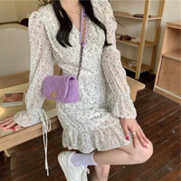 Đầm voan trắng hoa nhí tím dài tay cổ V mềm mại nữ tính phong cách Hàn Quốc PinkLink