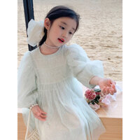 Đầm voan xanh ngọc đính kim tuyến lấp lánh cho bé gái A85