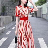 Đầm voan xếp ly giảm béo. Đầm tay ngắn họa tiết nổi bật tôn chiều cao thời trang phụ nữ trung niên