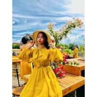 Đầm voan xoè cổ nơ tay dài kèm dây cột eo