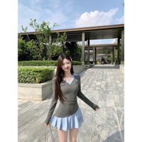 ĐẦM XÁM PHỐI CỔ V SƠ MI XANH TAY DÀI THÊU LOGO NGỰC PHỐI TÀ XANH SỌC THÊU SỐ (TH)