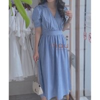 Đầm xanh sọc cổ V phối sơ mi bo eo