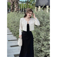 Đầm xoè 2 dây cotton lạnh kèm áo khoác dạ linen thời trang nữ tính