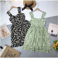 Đầm xòe 2 dây hoa cúc đính nút