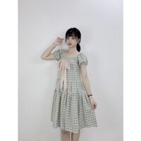 Đầm xoè Baby Doll sọc caro trễ vai