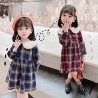 Đầm xoè caro dạ dài tay nhiều màu cho bé gái (N00558)