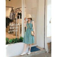 Đầm xòe caro xanh lá thắt nơ vai