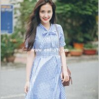 Đầm xòe caro xanh nơ cổ