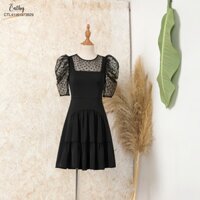 Đầm xoè Cathy Clans tay búp phồng phối voan chấm bi - đen