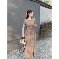 Đầm xòe cổ tròn nhún eo phối nút dáng xòe xinh bigsize