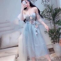 Đầm xoè công chúa trễ vai lưới kết hoa SIÊU XINH -MS101V- size M/L đến 58kgMM MM