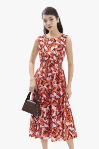 Đầm xòe dài sát nách họa tiết eo bo chun