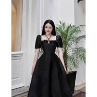 Đầm xòe dài tay phồng ngắn cổ dây yếm đính hoa chất tapta dày dặn kiểu đầm dự tiệc ba màu đầm trắng hồng đen CD12