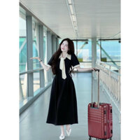 Đầm xoè dáng dài phối cổ nơ viền màu tay sơ mi thời trang nữ mặc đi chơi, đi tiệc chất Cotton lạnh