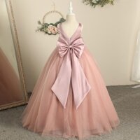 Đầm Xòe Dáng Dài Vải Tuyn Đính Nơ Hở Lưng Thời Trang Dự Tiệc Cho Bé Gái 5-14 Tuổi