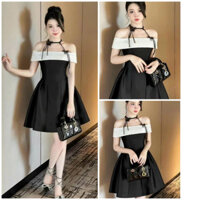 Đầm Xòe Đen Dự Tiệc Trẻ Vai Phối Dây Cổ Nơ Sang Trong BY8656