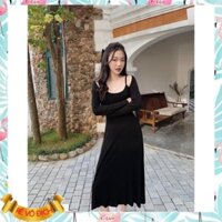 Đầm xoè đen hai dây phối tay dài rớt vai