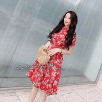 Đầm xòe đỏ hoa trắng tay bo