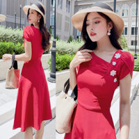 Đầm xòe đỏ kết hoa trắng-MS0605D - size 3XL