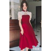 Đầm xoè đỏ tiểu thư cổ khoét ngực kèm phụ kiện  có mút  - Đầm đỏ tay voan tơ,Freesize