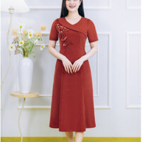 Đầm xòe đuôi cá - Cổ tim lá bâu xéo kết hoa đính cườm tay ngắn - Cam Gạch - TTV1859