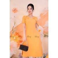 Đầm xoè Hasu 9282 cam sữa đơn sắc cổ tròn nhún xếp nổi bật váy Lucy