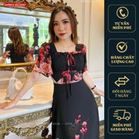 Đầm Xoè Hoa 3D Đen Cổ Vuông Dập Ly Tay Loe Voan Cao Cấp Sandra Dress - XL