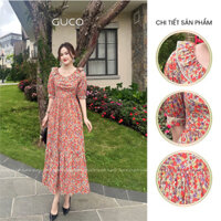 Đầm xòe hoa cổ sen phối ren trắng - Hoa cam 4061