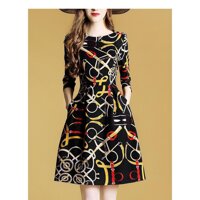 đầm xòe họa tiết tay lỡ QC245323 - màu đen sọc đỏ,L