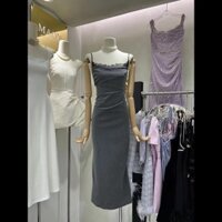 Đầm xòe kiểu dáng quý phái màu xám, đầm spaghetti strap tuyệt đẹp, ren chắp vá, ôm sát, dài cho phụ nữ mùa hè