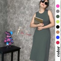 Đầm xòe len tăm cổ tròn dáng dài BiBa-Thun co giãn, gân dày dặn-tay cộc-body ôm dáng S,M,L