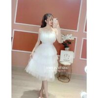Đầm xoè lưới công chúa cúp ngực xếp tầng xinh xắn  có mút  - Trắng,Freesize