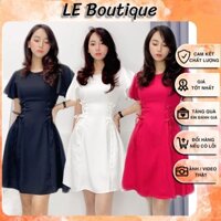 Đầm Xòe Ngắn Cột Eo Cá Tính, thắc dây eo, tay phồng, lỡ, trắng, đen, đỏ, cổ tròn, đơn giản, đi làm, đi chơi, đi dạo
