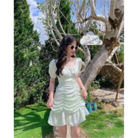 Đầm xoè nhún cổ vuông hoa xanh đuôi bèo