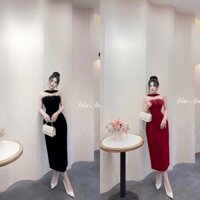 Đầm xòe nhung dây cổ phối lông, váy dự tiêc bóp eo 2 màu đen, đỏ ( có mút ngực )
