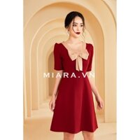 Đầm xòe nữ MIARA màu đỏ mận đính nơ trẻ trung thanh lịch, tay phồng xếp nếp, đủ size DT21