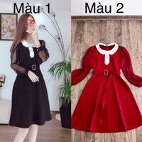 Đầm xoè phối cổ sen tay ren kèm đai thiết kế