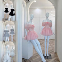 Đầm xoè phồng trễ vai phối lưới công chúa đính hoa siêu xinh Mmuse