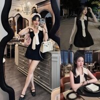 Đầm xòe sát nách cổ sơ mi phối nơ cột trước ngực tone màu đen phối nude Sam Closet Phù Hợp Để Tới Công Sở, Đi Làm Hoặc