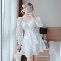 Đầm xoè tầng tay dài khoét eo cột dây cổ có mút có lót chạy mocking sau voan chinfon cao cấp đẹp xuất sắc