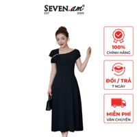 Đầm xoè tay cộc đen cổ lệch nơ trang trí vai trái Seven.AM H633518I