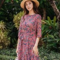 Đầm xòe tay lỡ cổ tròn thắt nơ eo