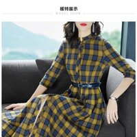 Đầm Xoè Tay Lỡ cổ trụ in sọc kèm belt
