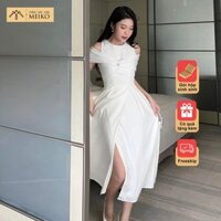 Đầm Xòe Trắng Đen Xẻ Tà Meiko, Dáng Dài Tiểu Thư, Che Bắp Tay To Đi Tiệc Siêu Xinh [Ảnh Thật & Gói Hộp Chỉn Chu]