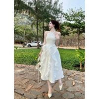 Đầm Xoè Trắng Nữ Cổ Yếm Dự Tiệc, Đi Biển, Dạo Phố Siêu Sang