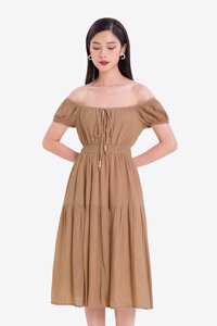 Đầm xòe trễ vai cổ phối nơ